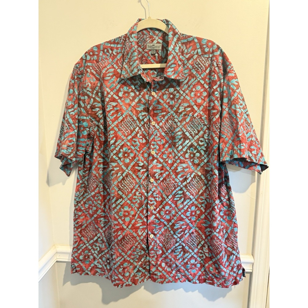 TravelSmith Men XL Shirt Red Teal Turquoise Batik Geometric Floral Camp Aloha